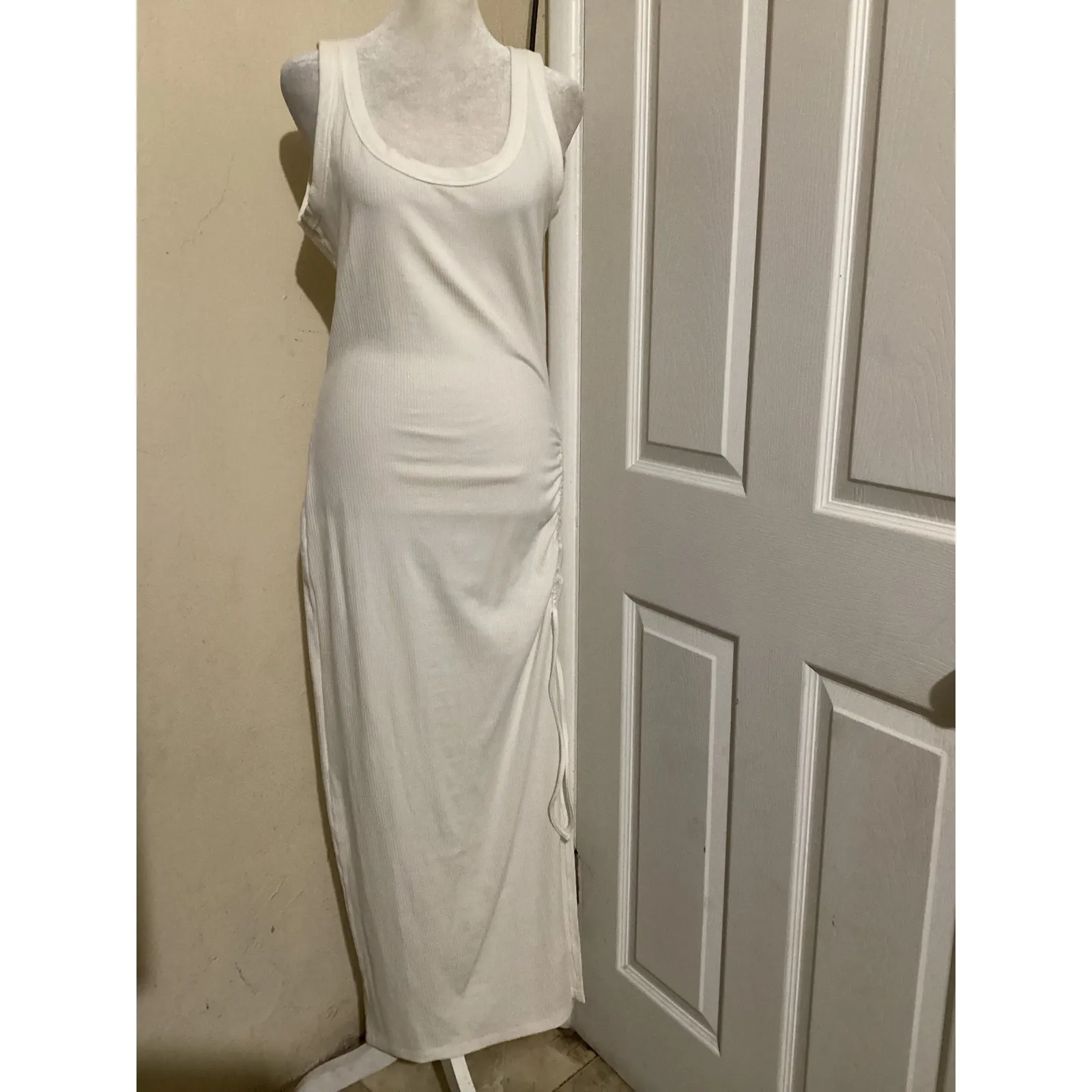 LSPACE White Ribbed Ruched Tank Midi Dress L G - Image 2