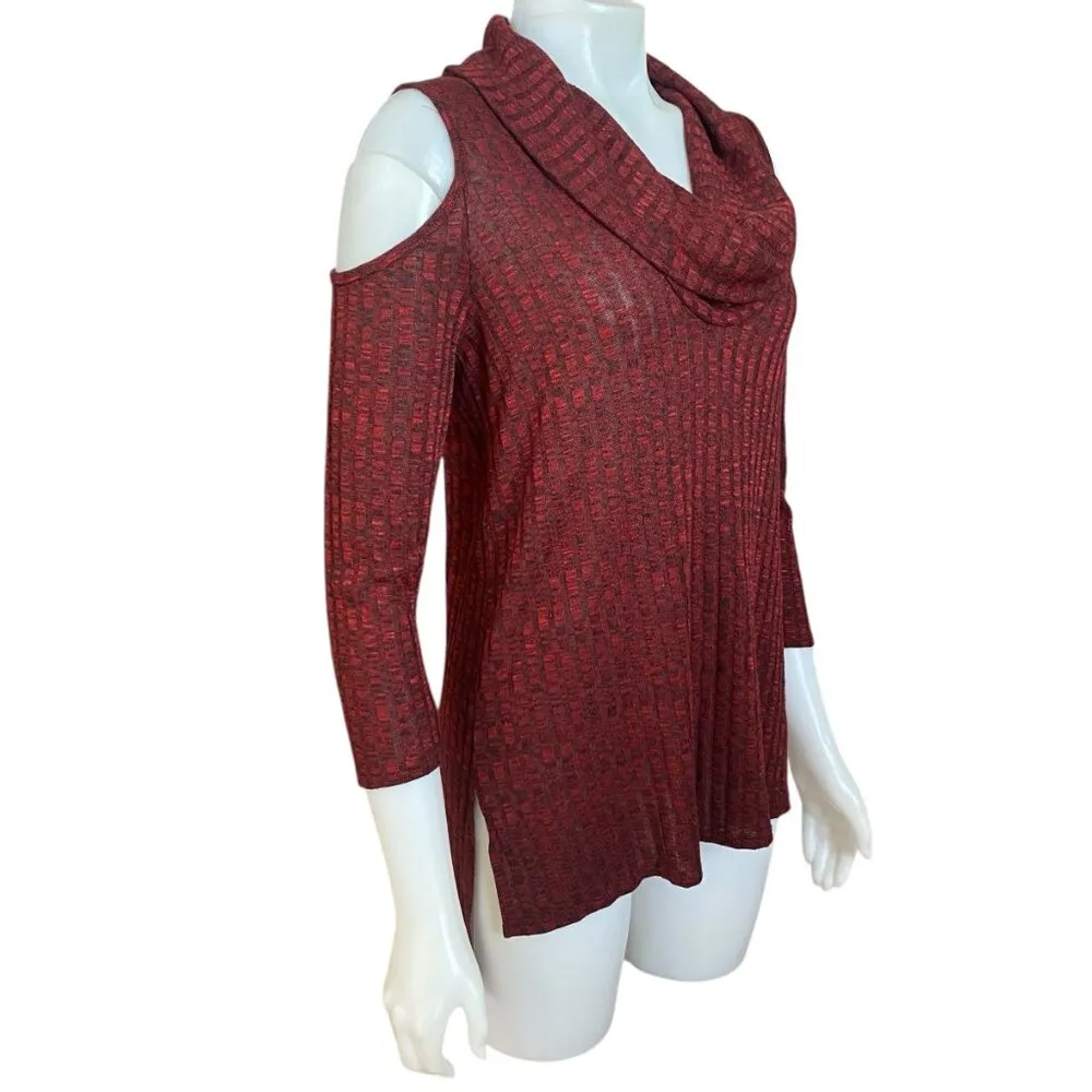 Moa Moa women's medium burgundy open shoulder cowl neck stretchy ribbed sweater - Image 2