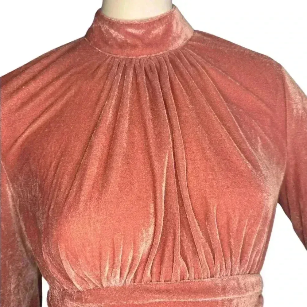 Pretty Little Thing Dusty Pink Velvet High Neck Ruched Balloon Sleeves Dress.#80 - Image 3