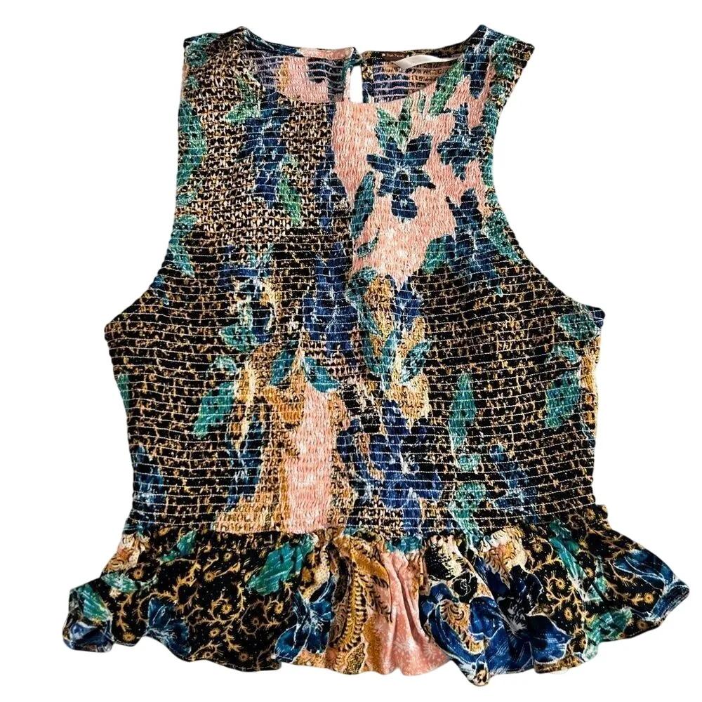 Free People Printed Smocked Floral Tank Top XS Garden Flower Fairy Peplum - Image 3