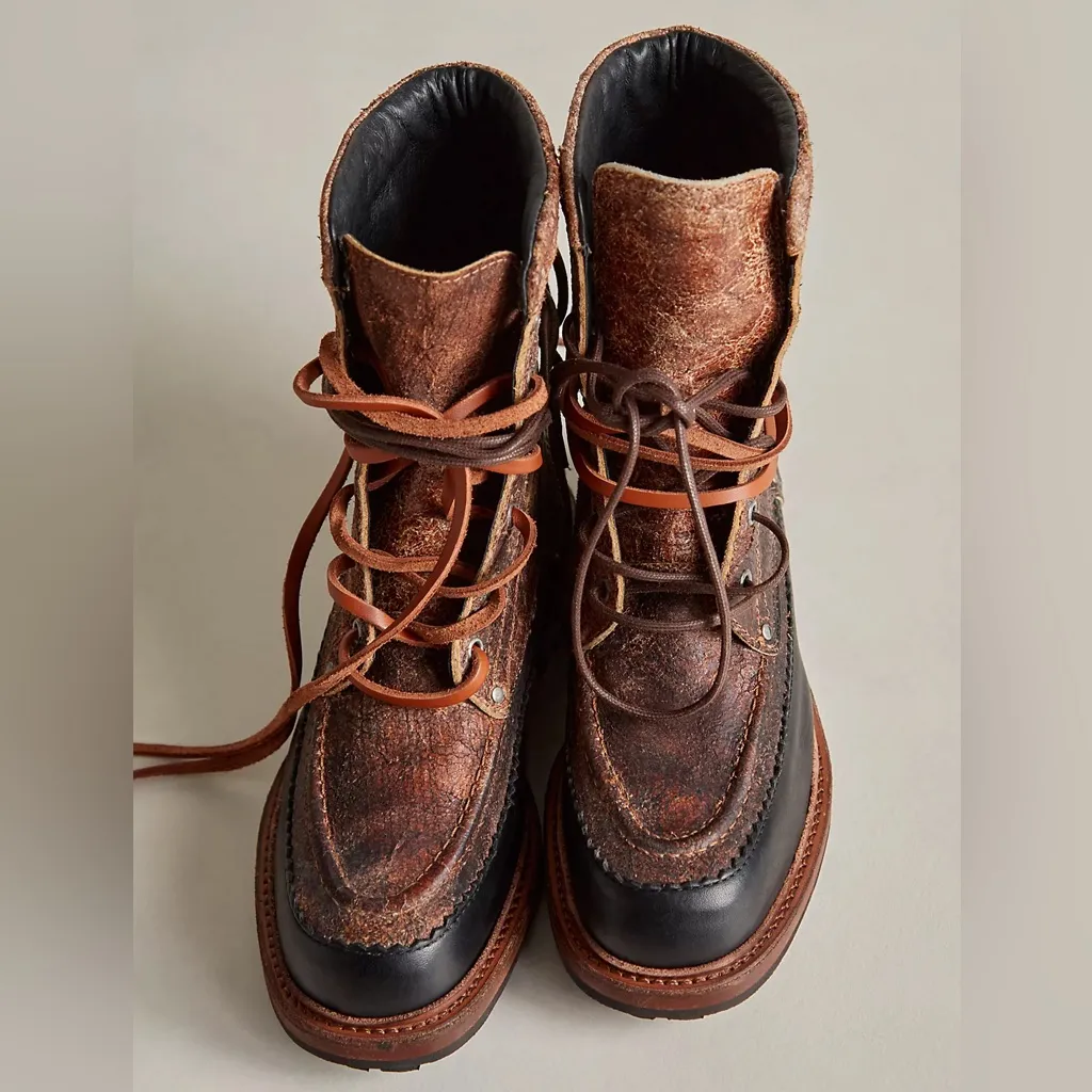 NWOB Free People We The Free Holland Mocc Toe Boots in Chestnut Crackle / Black - Image 2