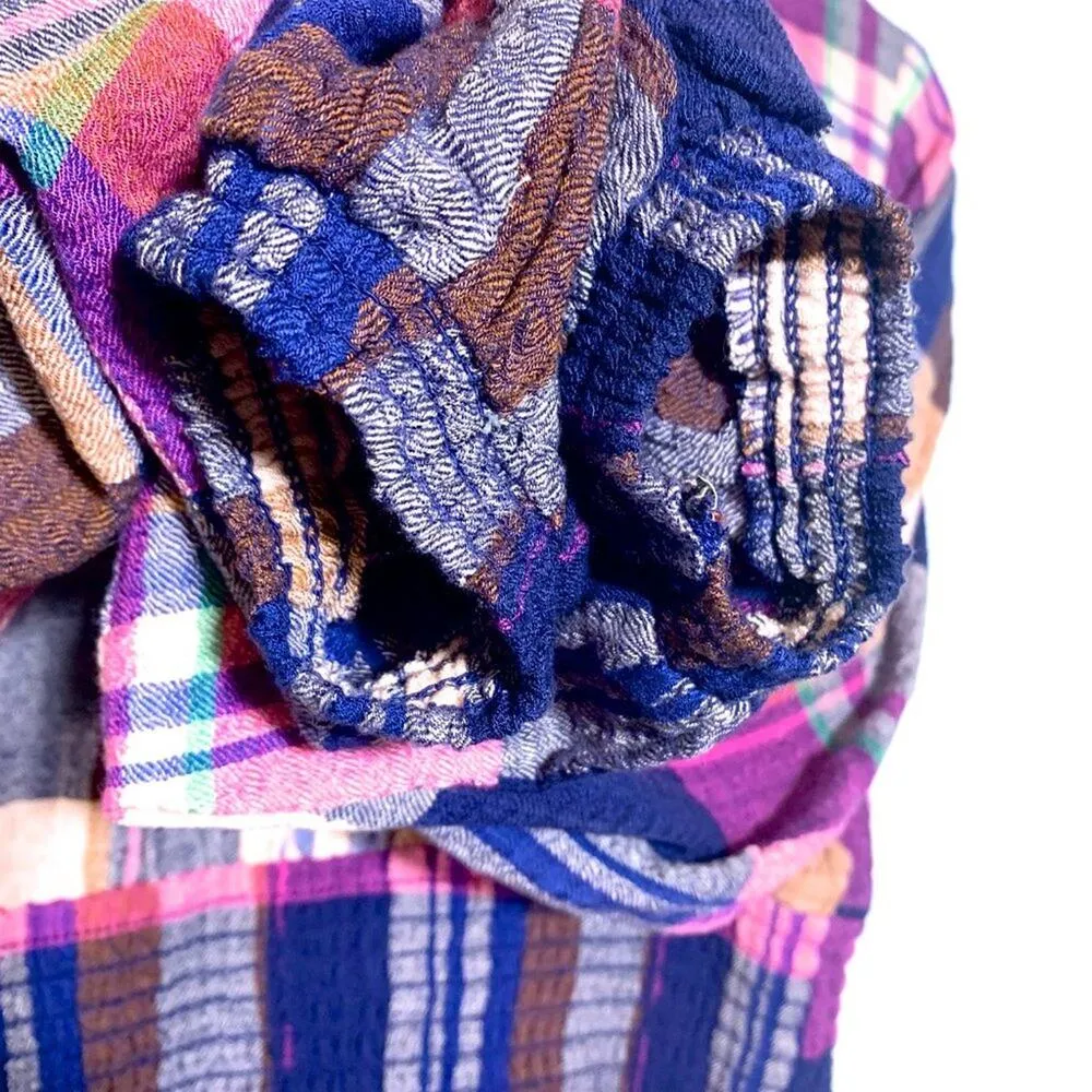 Pilcro Anthropologie Plaid Peplum Smocked Waist Long Sleeve Top Pink Navy Small - Image 9