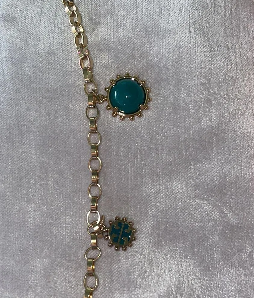 Tory Burch Logo Green and Gold Chain Necklace - Image 3