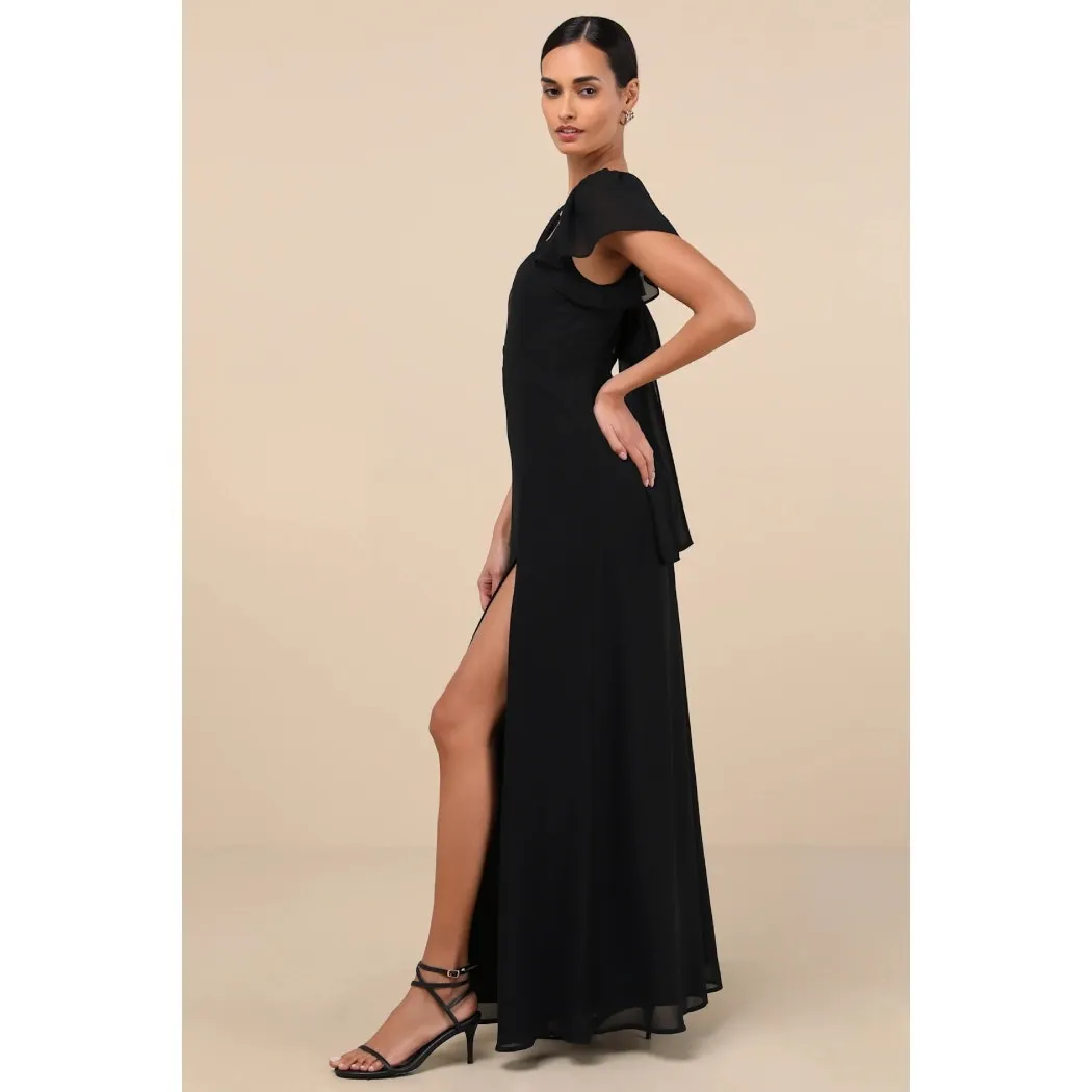 NWT Lulus Simply Delightful Black Tie-Back Flutter Sleeve Maxi Dress Slit Sz S - Image 5
