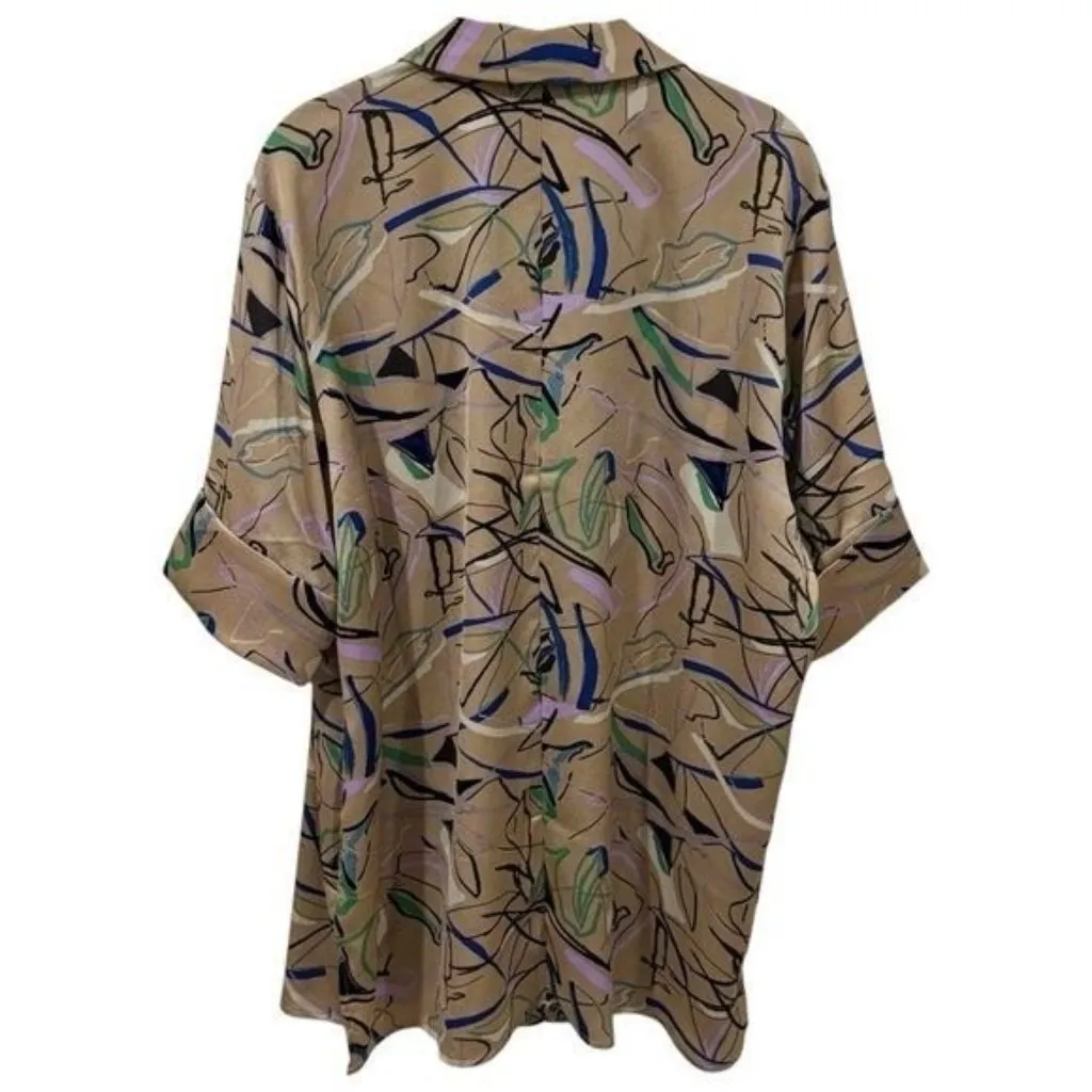 Open Edit Satin Oversized Camp Button-Up Shirt Color Ivory Birch Grunge Artsy M - Image 7