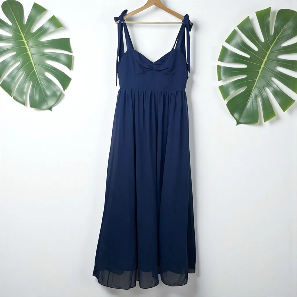 🆕 Lulus Radiant Charisma Chiffon Ruched Tie-Strap Maxi Dress in Navy - Image 4