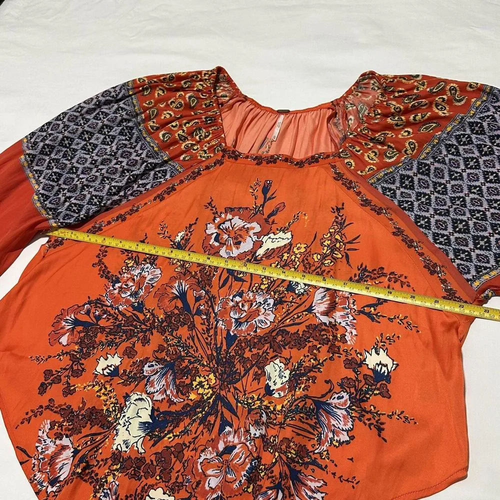 Free People Positano Floral Boho Blouse Balloon Sleeves Orange Sz XS Extra Small - Image 8