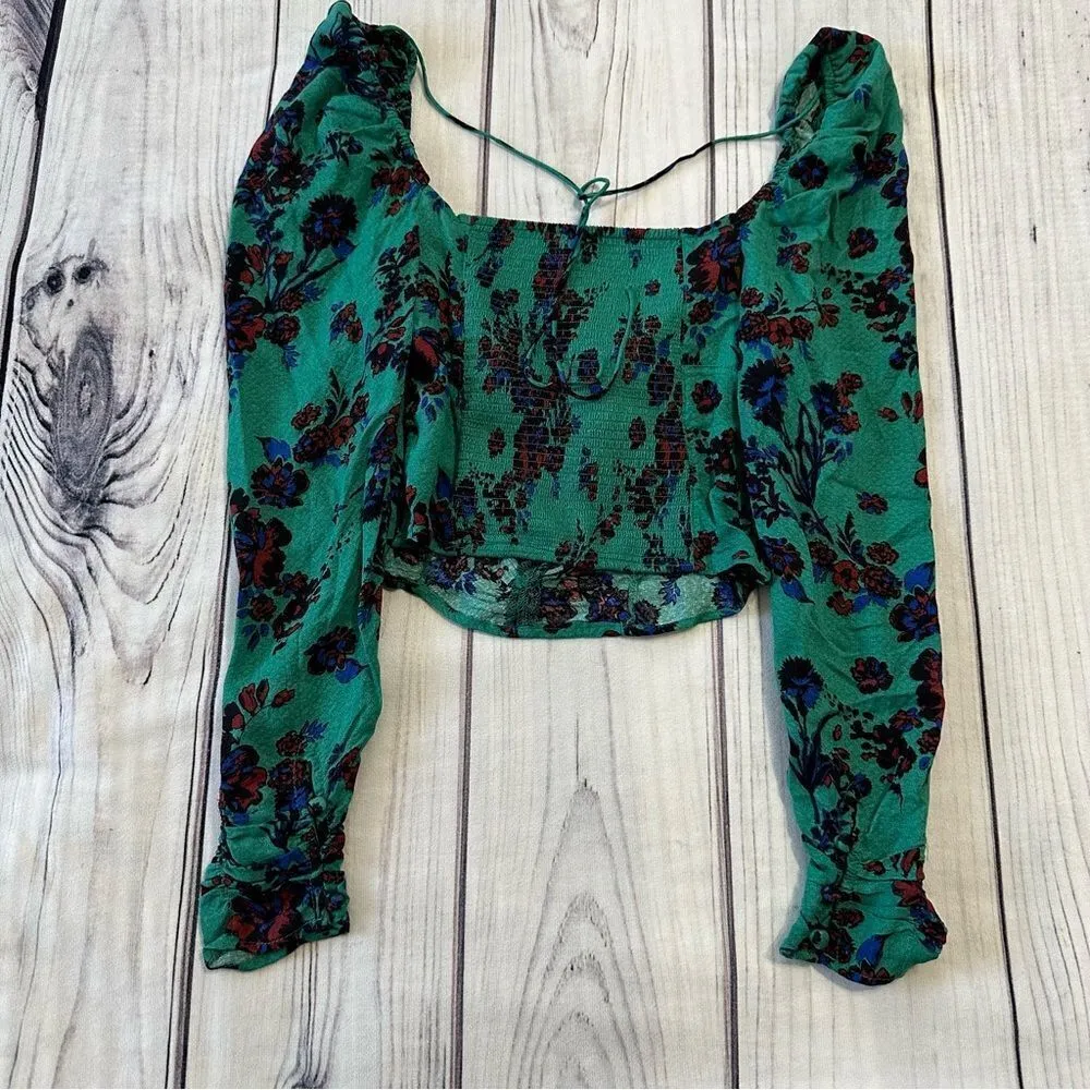 NWT Free People Hilary Printed Top Green Smocked Floral Blouse Size XS Boho - Image 6