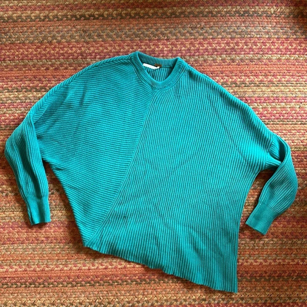 FREE PEOPLE DOWNTOWN TEAL BLUE KNIT ASYMMETRICAL PULLOVER SWEATER - Image 2