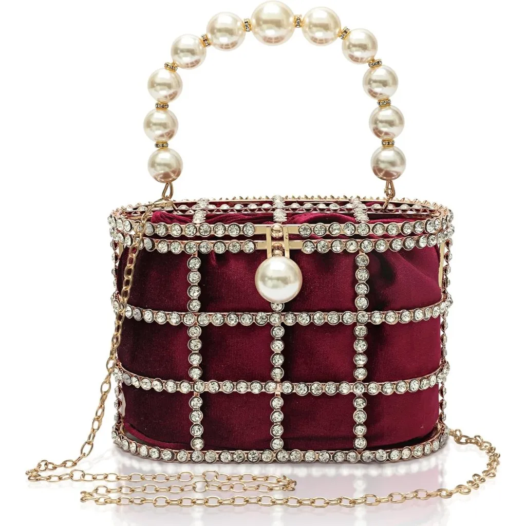 ⚡Women's Red Detachable Pearl Diamond Chain Soft Velvet Shoulder Clutch Handbag - Image 1