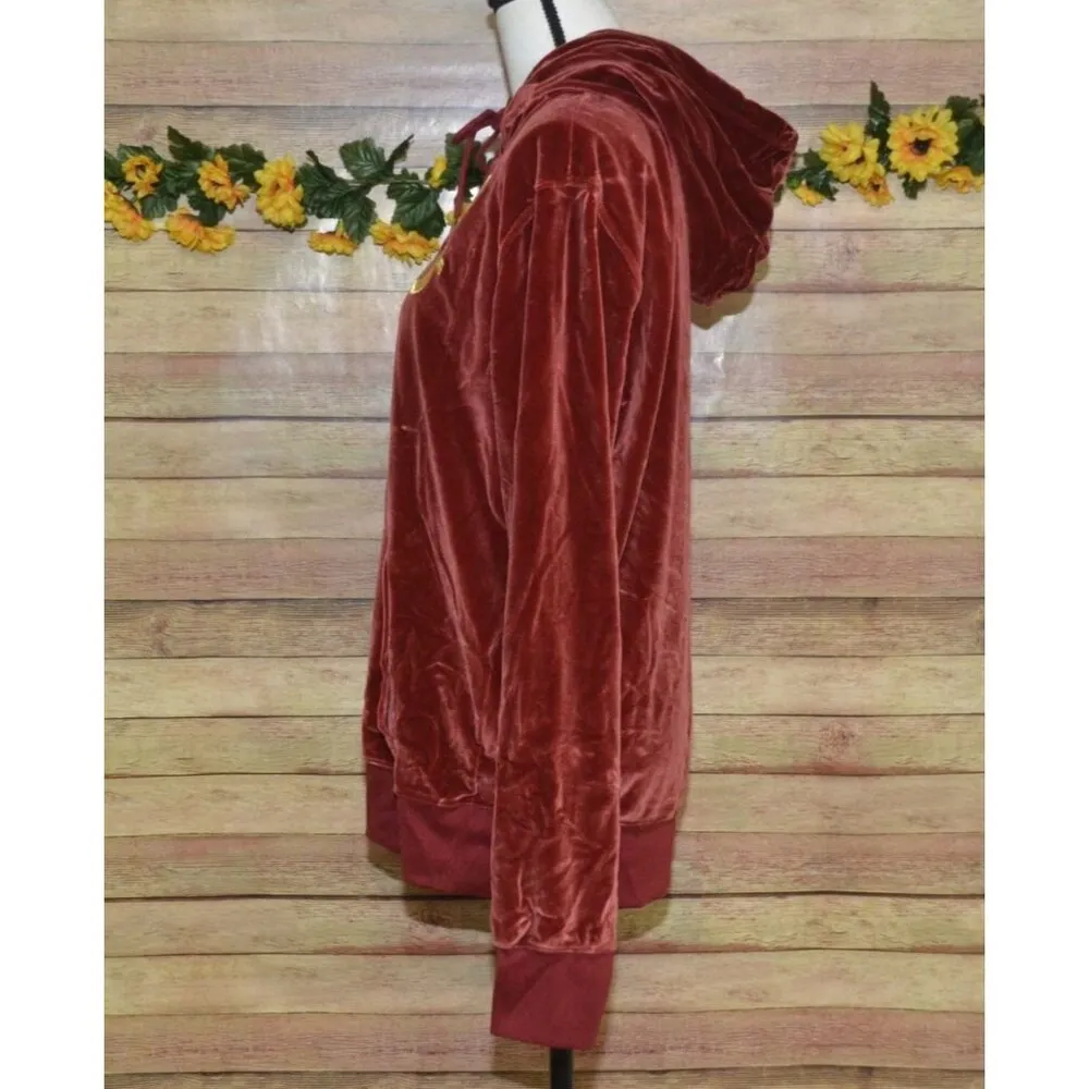 True Religion Ladies Burgundy Red Velvet Zip Up Hoodie Size XL Logo Casual Warm - Image 8