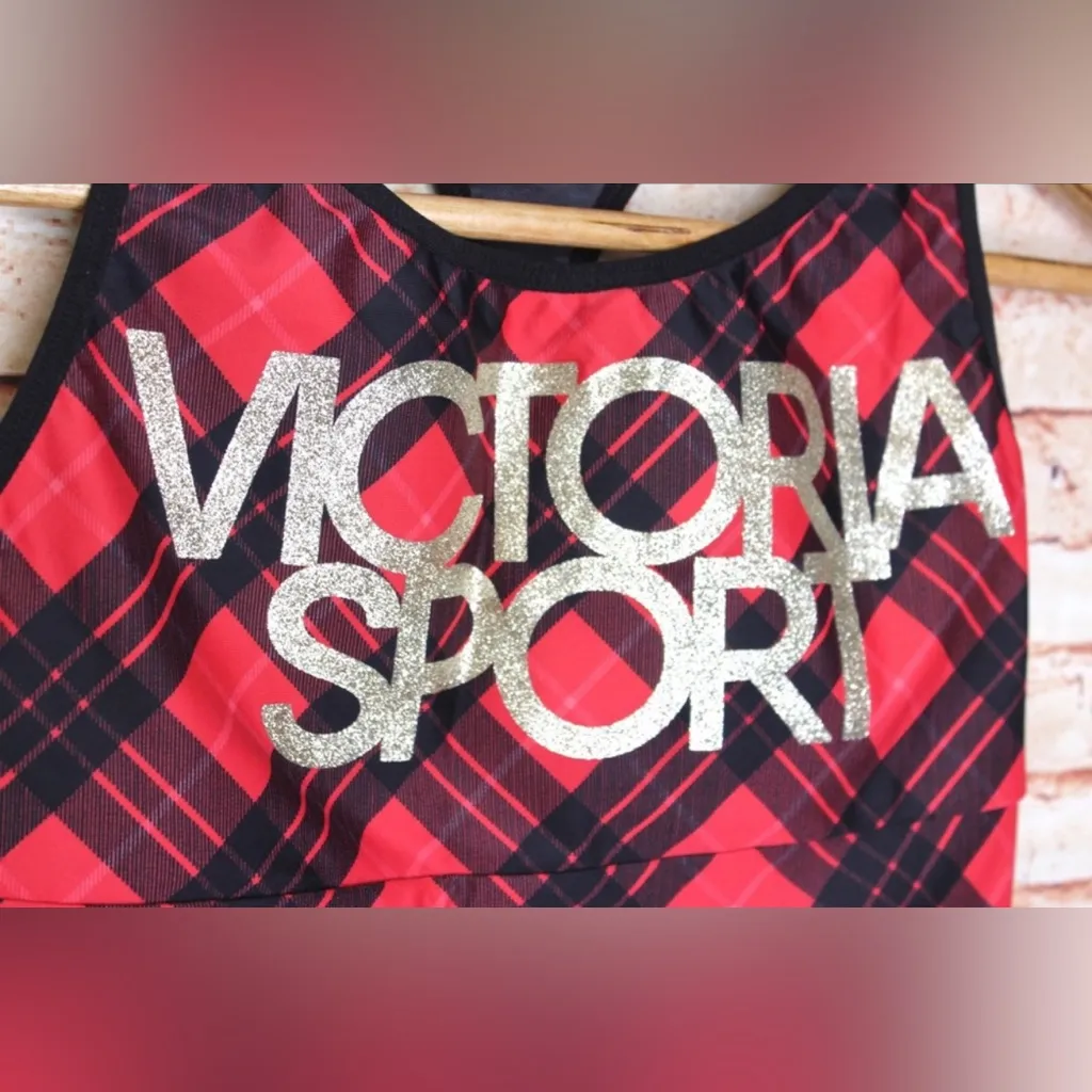 Victoria Sport | Glitter Logo Red Argyle Sports Bra - Image 2
