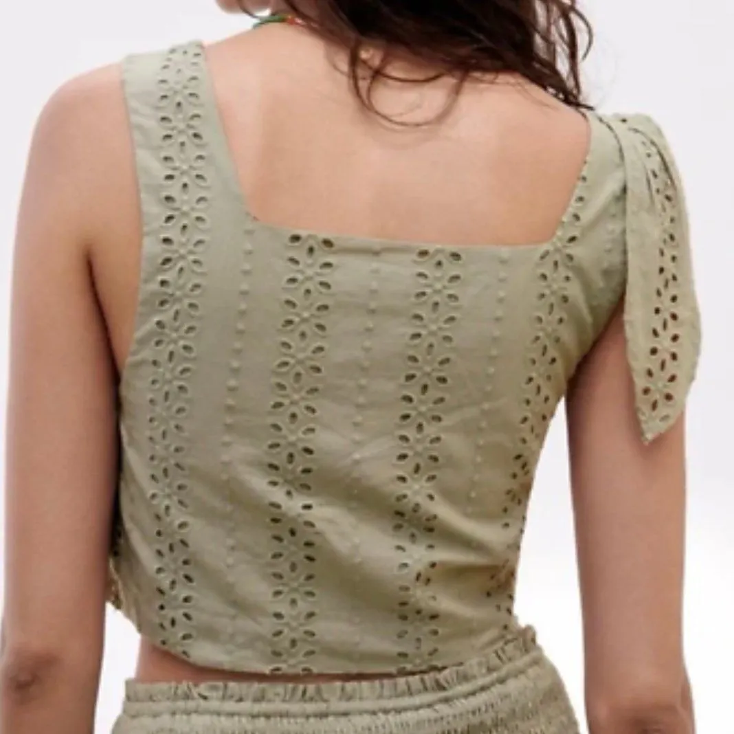 Zara eyelet lace linen Sage green top - Image 2
