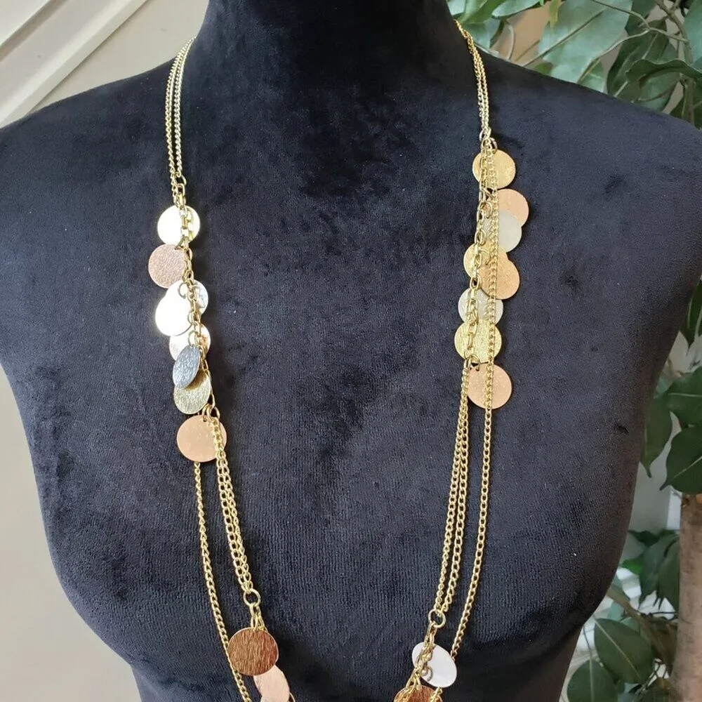 Womens Multi Tone Faux Coin Charm 3 Layered Chain Necklace with Lobster Clasp Gold - Image 2