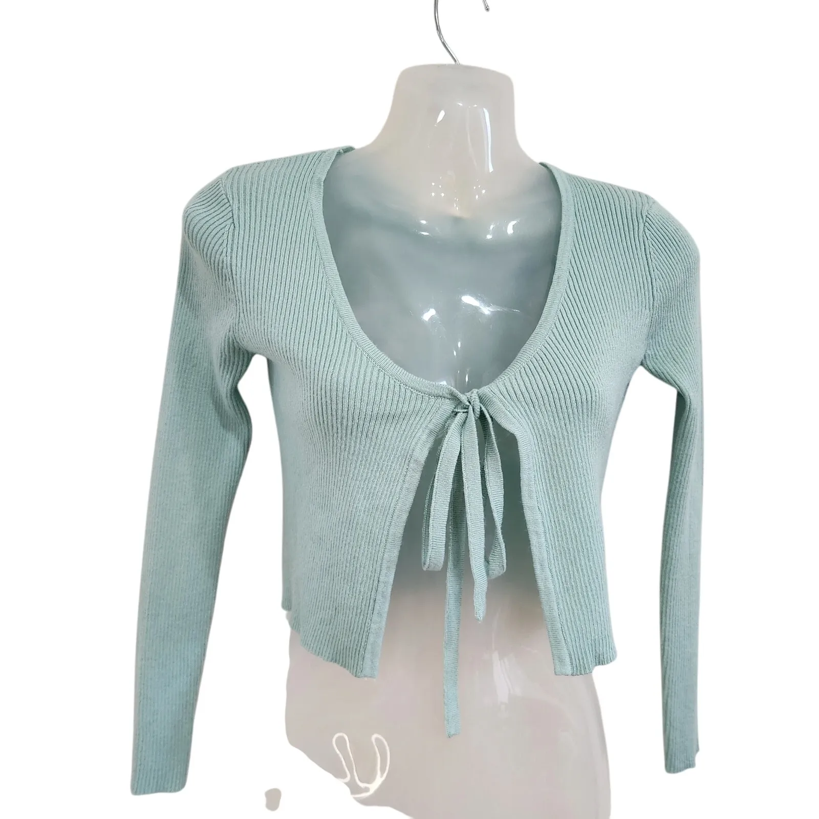 Twine & String Tie Front Crop Cardigan Sweater Ribbed Knit Mint Green Size XS - Image 4