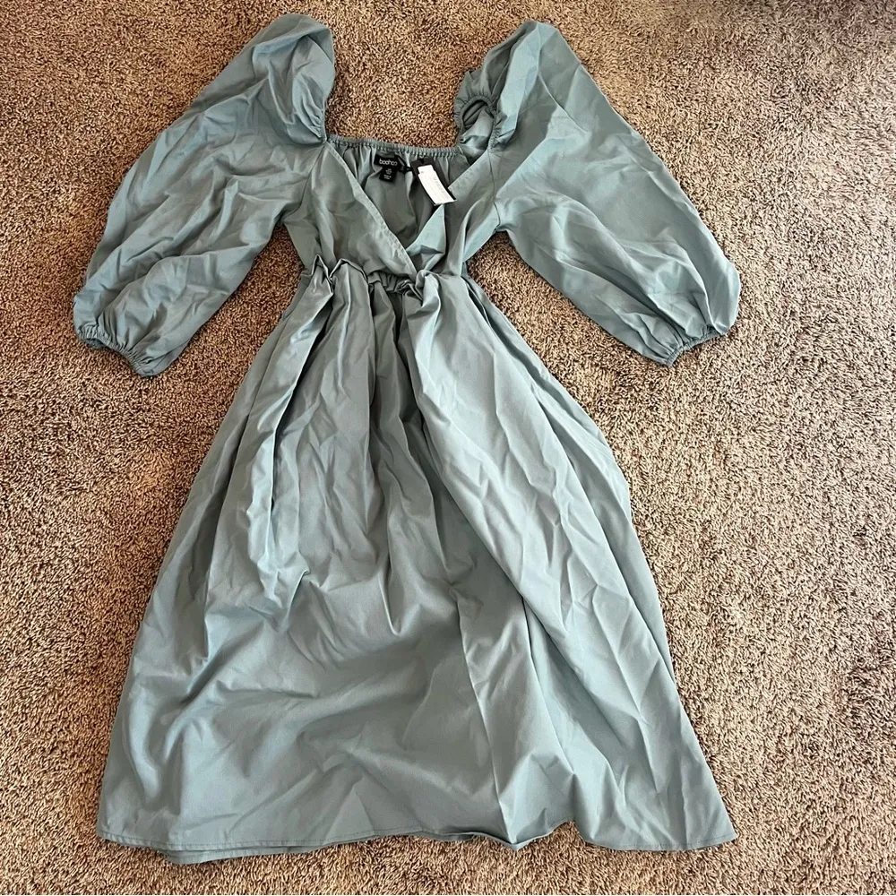 NWT Boohoo Poplin Puff Sleeve V-Neck Midi Smock Dress Powder Blue 4 - Image 11