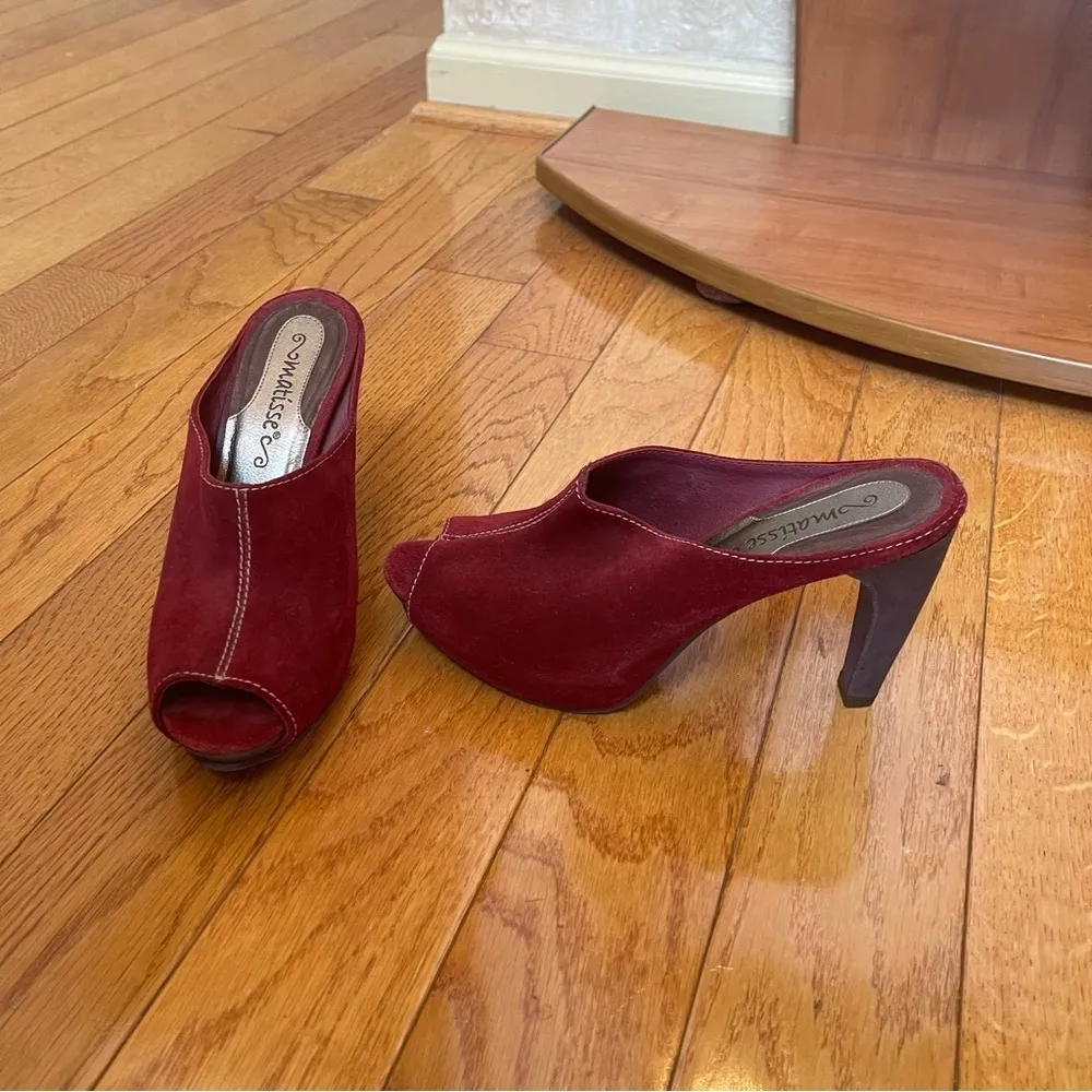 Matisse Empire Wine Burgundy Suede Peep Toe Cone Heel Slip On Mule 7.5M Size 7.5 - Image 10