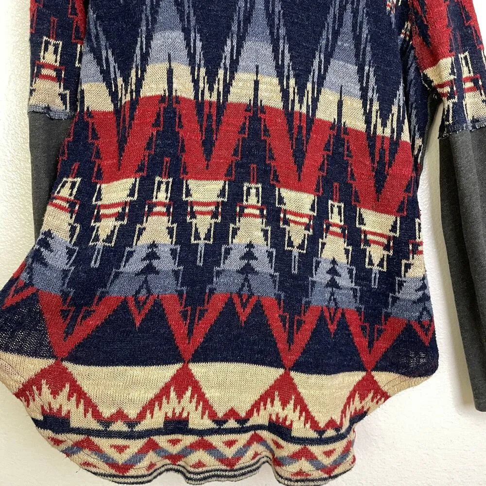 Ralph Lauren Denim Supply Aztec Sweater Medium Blue Distressed Pullover Cotton * Red - Image 4