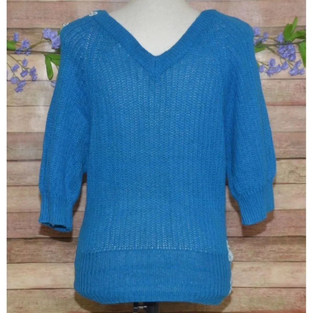 Faux Pearl Hand Embellished Vintage Ladies M Blue Silk Linen Agora Blend Sweater Size M - Image 8