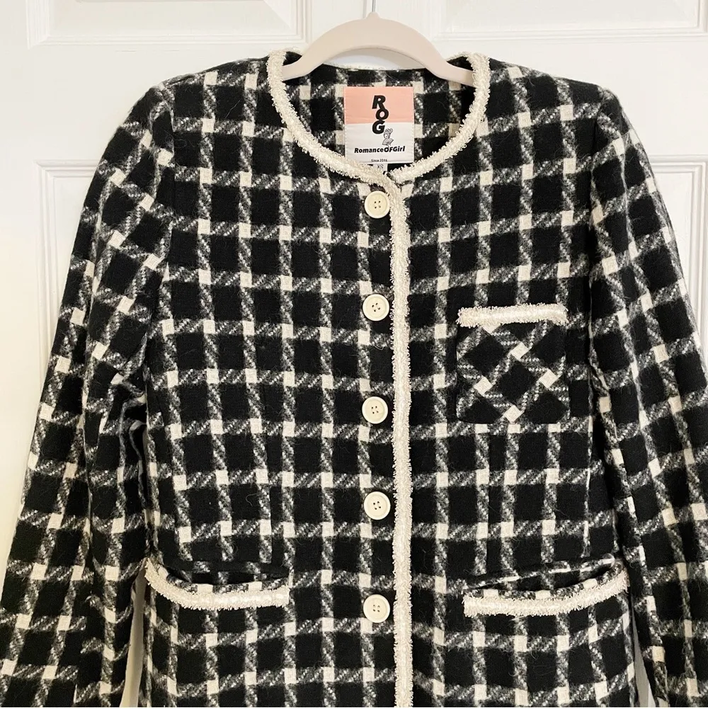 Japanese Kawaii Black White Houndstooth Minimalist Elegant Winter Blazer Jacket - Image 6