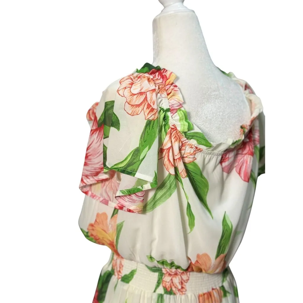 NEW Fabrik Floral High-Low Maxi Dress L Womens Bohemian Short Sleeves White Pink - Image 6