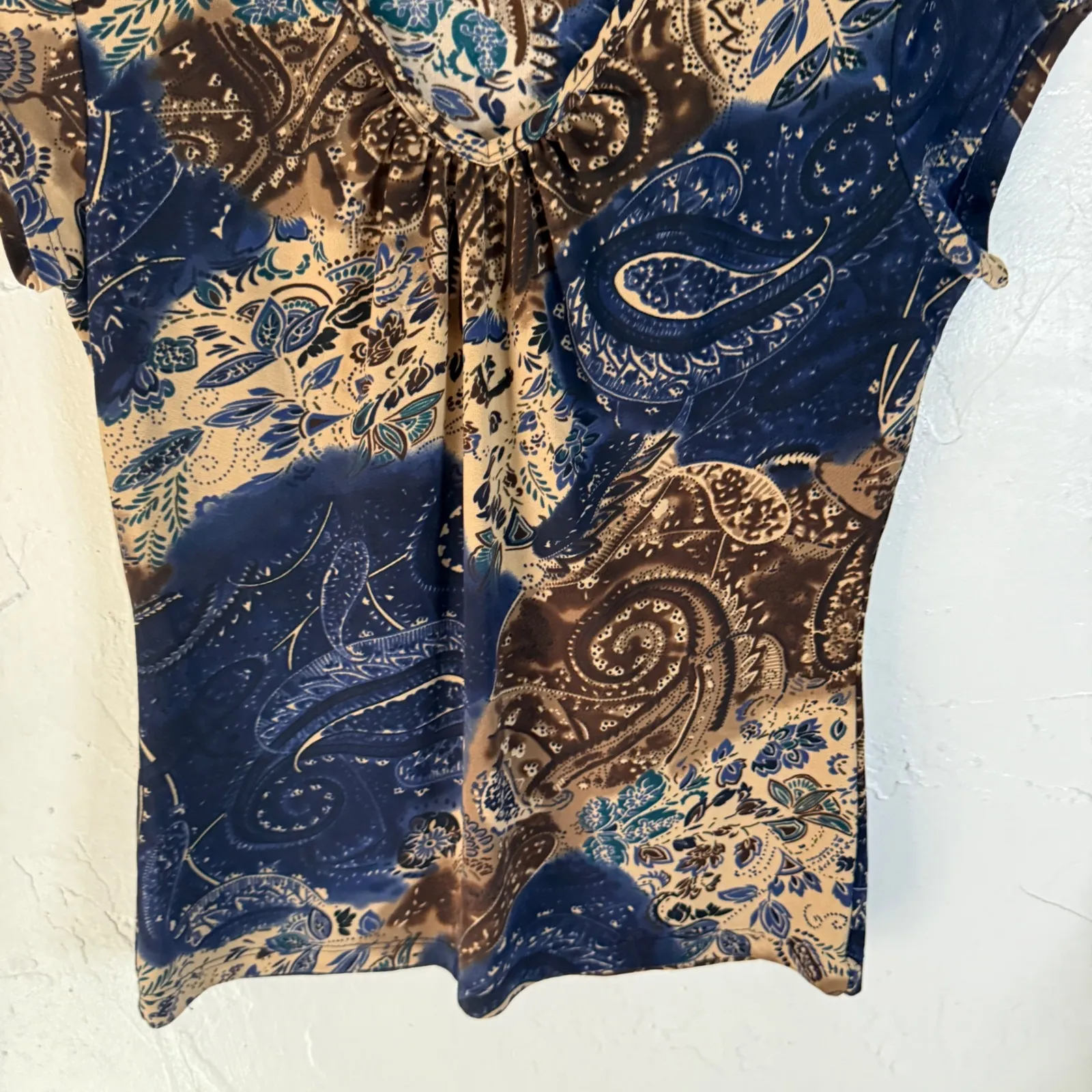 Suzie in the‎ City Y2k Paisley Print V Neck Short Sleeve Top M Brown Blue Boho Size M - Image 3
