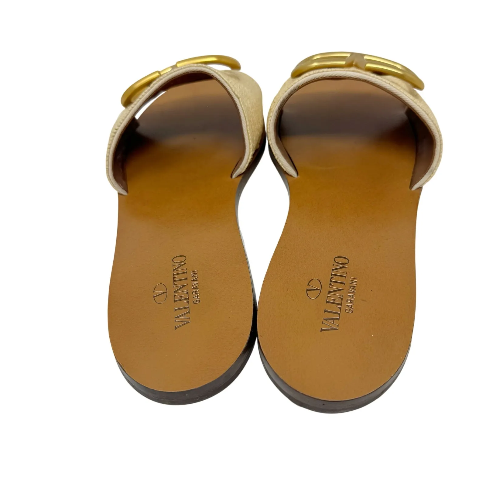 Valentino Garavani VLogo Raffia Slide Sandals Beige Gold Flat Slides EU 38 - Image 5