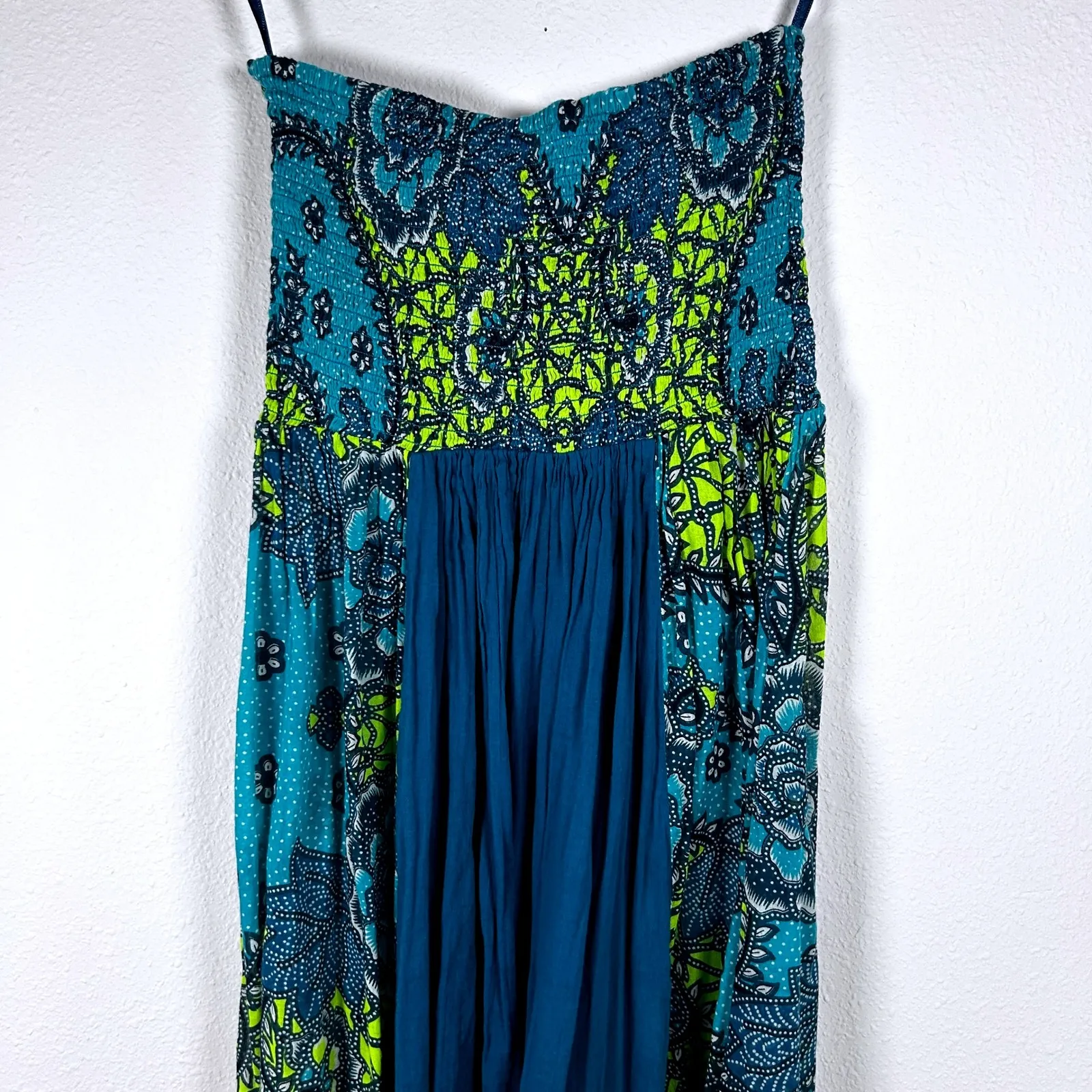 French Connection Strapless Tube Top Smocked Sundress Teal Blue Green Print Boho - Image 7