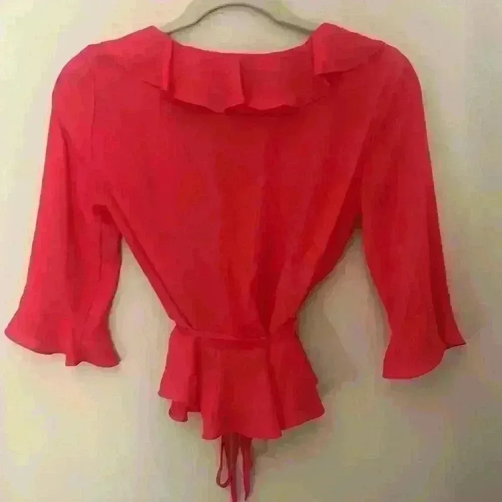 TOPSHOP Peplum Ruffle Blouse Hot Pink Crepe Top 3/4 Bell Sleeve Belt Size 4 - Image 9