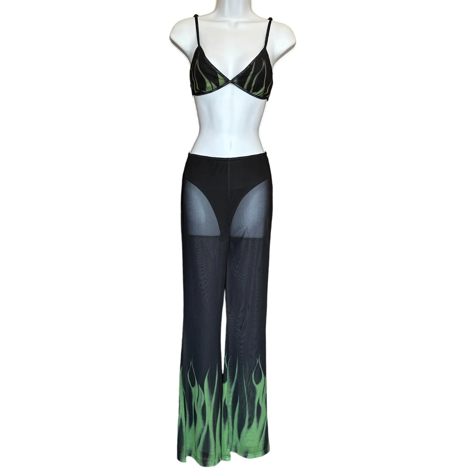 Superdown Black Sheer Flare Pant Set LARGE Crop Top Wicked Cochella Festival NEW - Image 5