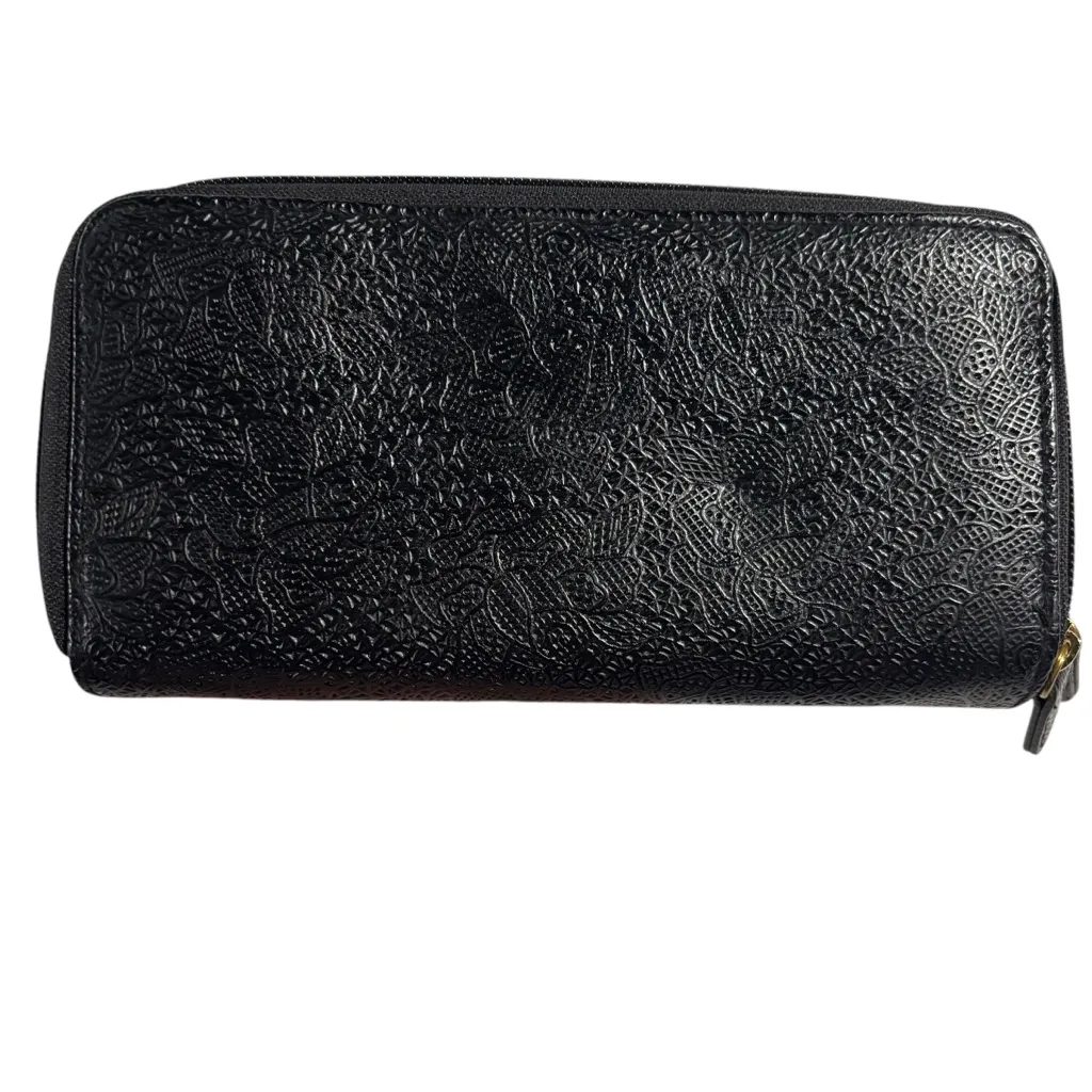 Tahari Black Floral Embossed Leather Double Zipper Wallet 8x4”‎ - Image 2