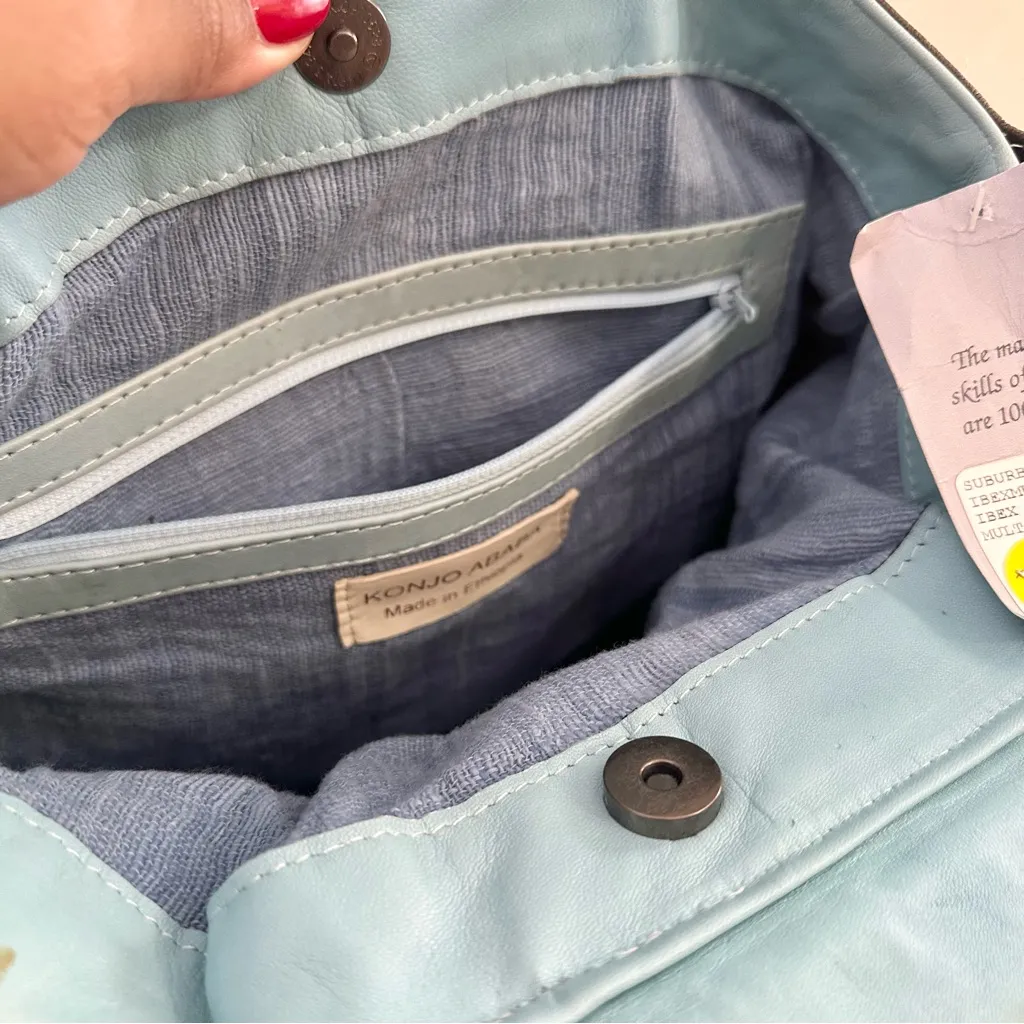 Konjo Ababa Handmade Carved Wooden Handle Woven Leather Bag Made in Ethiopia Blue - Image 6