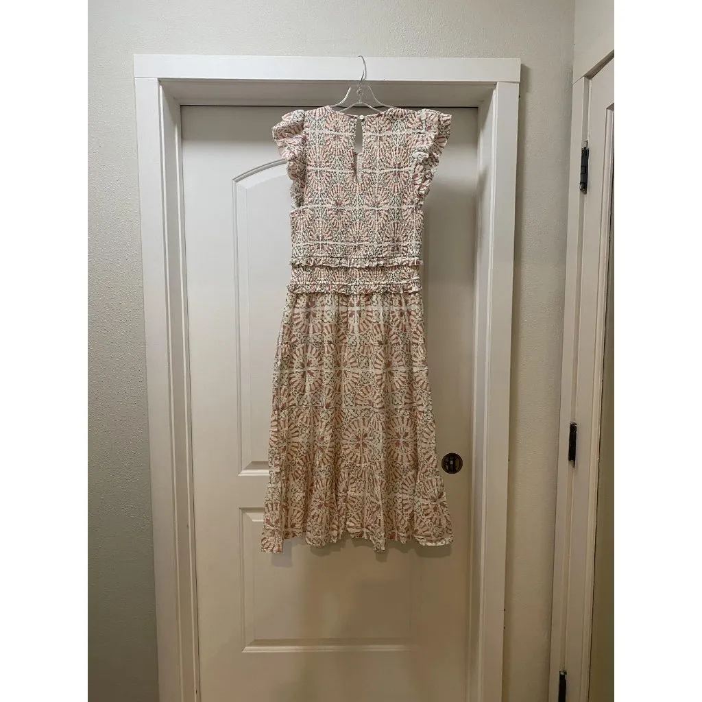 Cleobella Emmy Dress Womens Large Cream Boho Block Print Flutter Sleeve Midi - Image 5