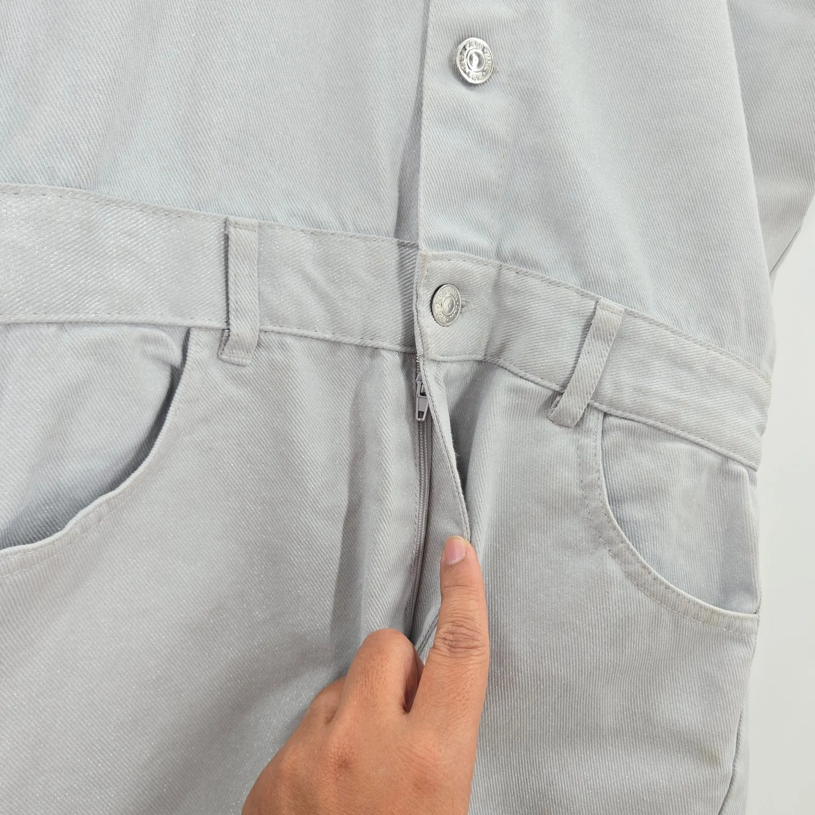 NWT Zara Collared Denim Metallic Blue/Silver Romper Size M - Image 12