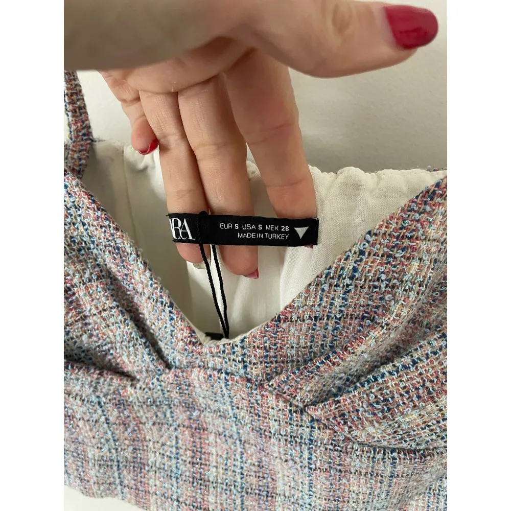 Zara Crop Plaid Tweed Top Pink Blue Size Small NEW - Image 6