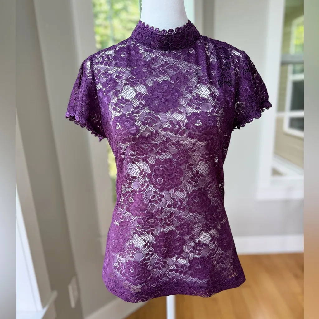 Allegra K Purple Violet Sheer Lace High Neck Short Sleeve Blouse Size Small NWT - Image 13