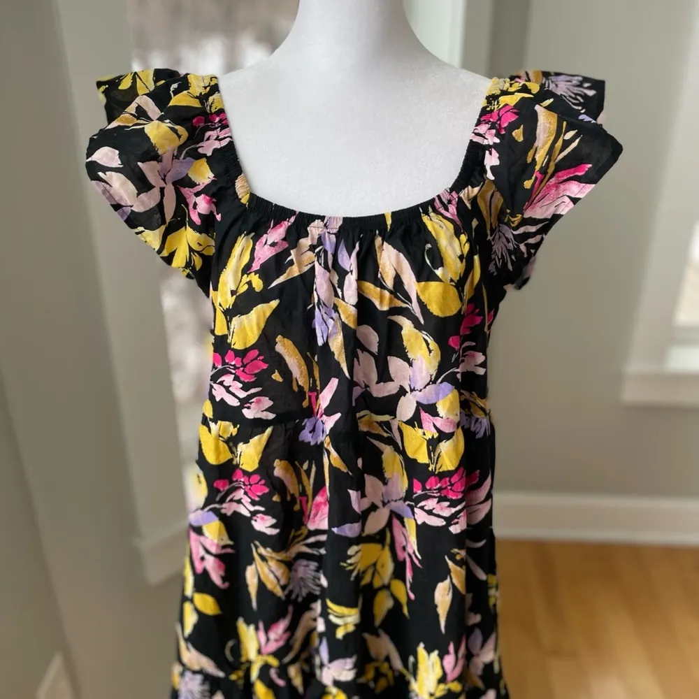 Time and Tru Black Pink Yellow Floral Cotton Off the Shoulder Tiered Maxi Dress - Image 4