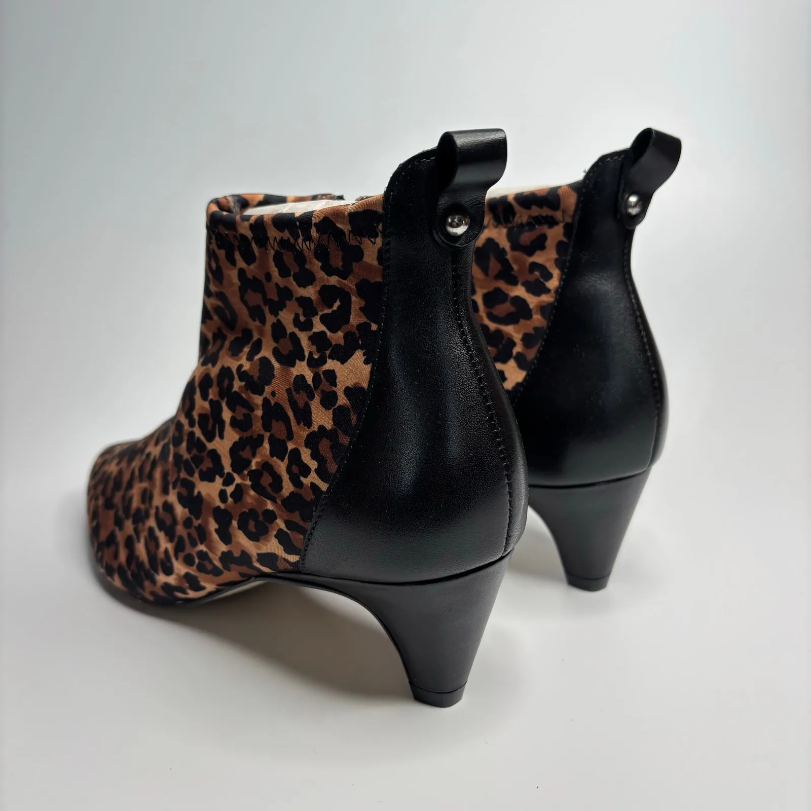 Walking Cradles Billie Heeled Booties in Leopard Stretch Fabric/Black Leather Brown Size 7.5 - Image 3