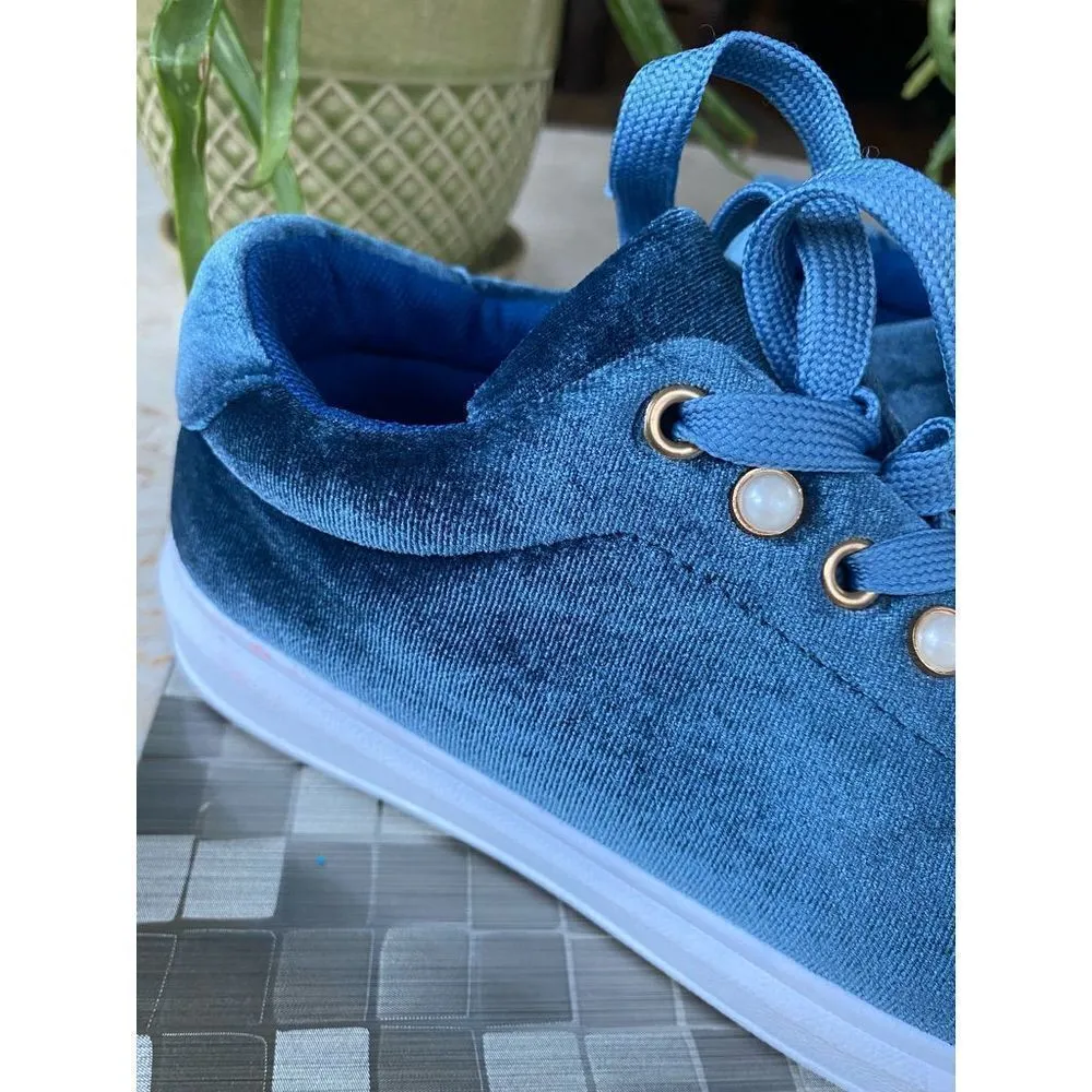 Velvet textile blue fashion sneakers size 7.5 with Pearl womens - Image 11