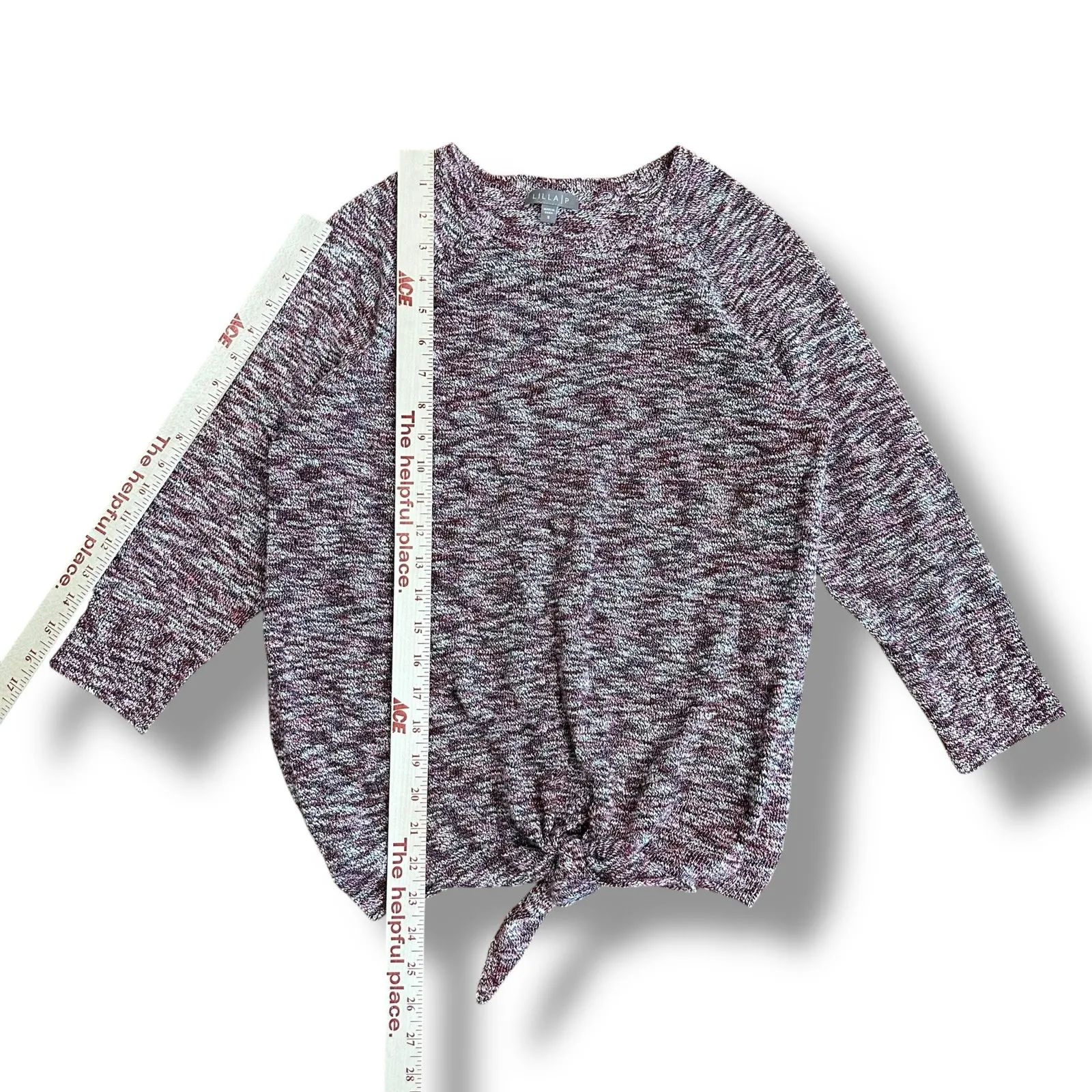 Lilla P Tie Front Sweater Small Marled Knit 3/4 Sleeve Burgundy‎ White Black - Image 4