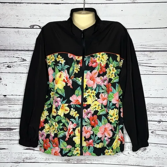 Boston Proper L Black - Tropical Floral Print Zip Up Lightweight Bomber Jacket - Image 1