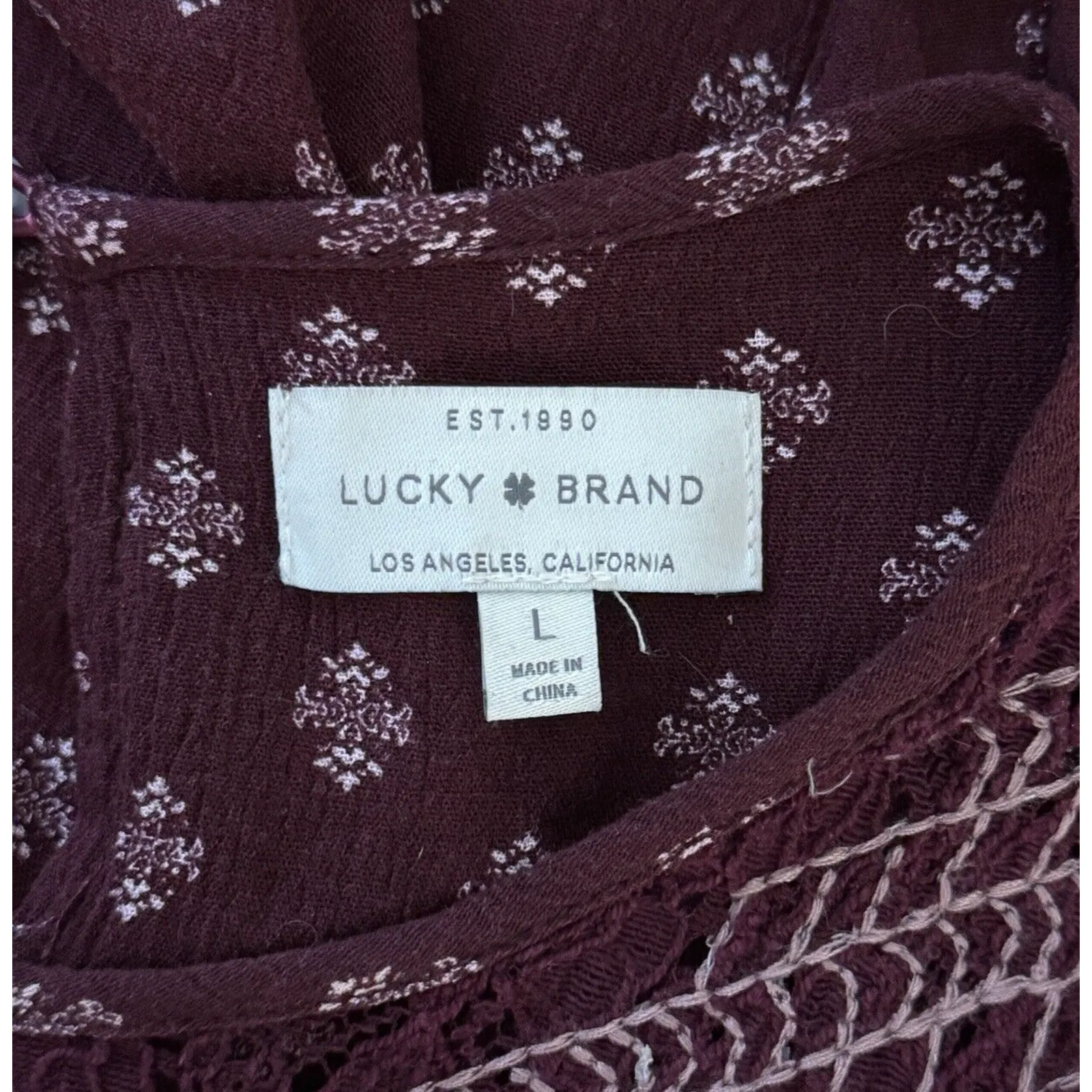 Lucky‎ Brand Dress Womens Large Burgundy White Geometric Boho Bohemian Peasant - Image 7