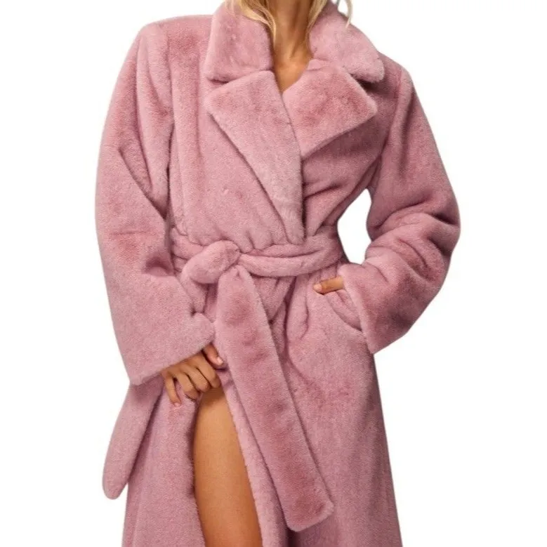 NEW $398 KHY Signature Lux Faux Fur Winter Trench Coat Sz Small Powder Pink Brown - Image 2