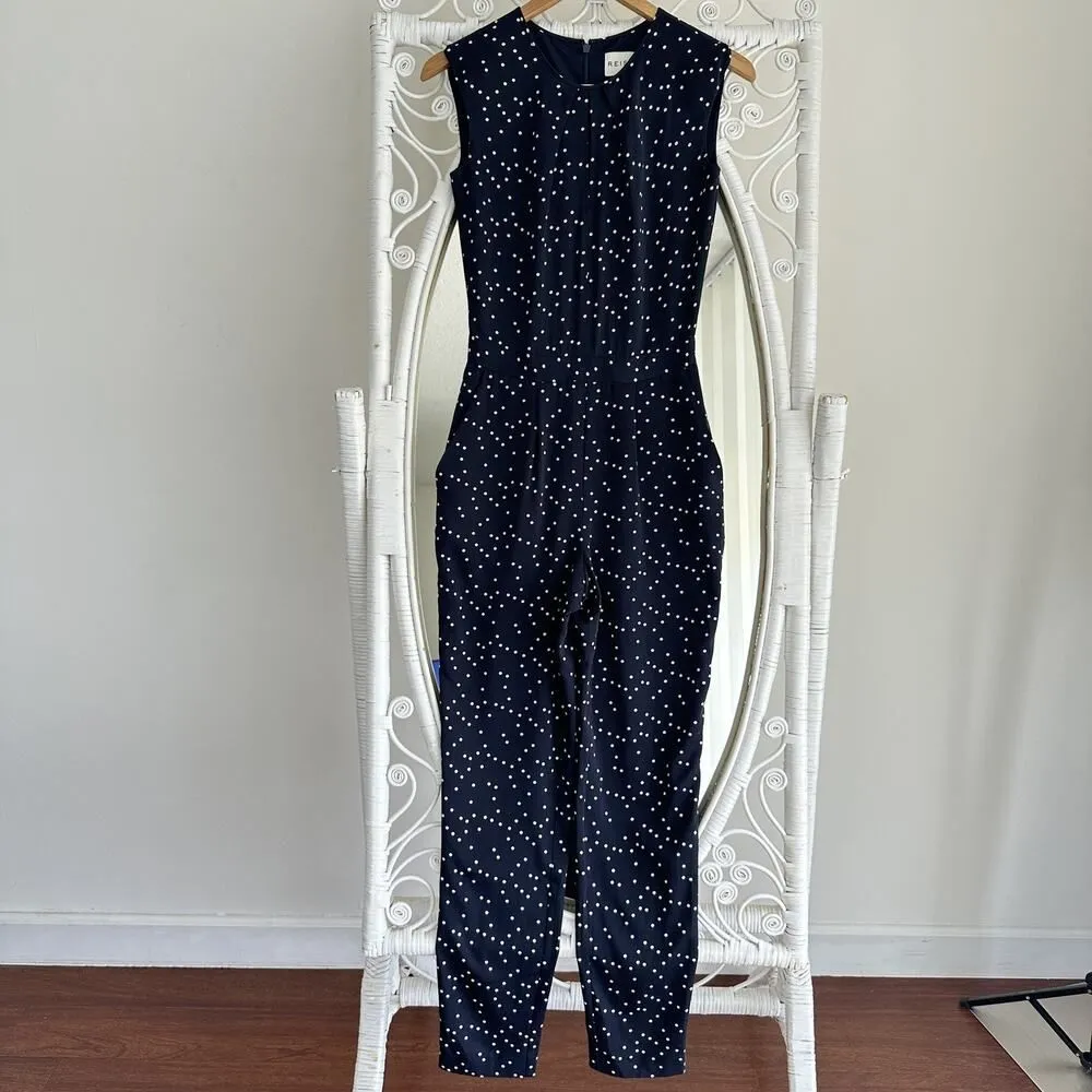 Reiss Jumpsuit Womens 0 Navy Polka Dot Elegant Quiet Luxury Soft Glam Romper - Image 2