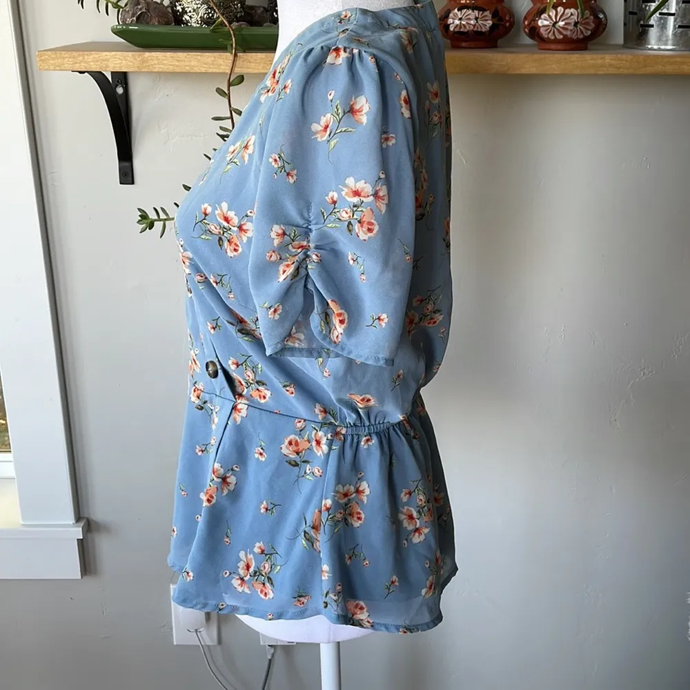 Vtg Y2K Sweet Wanderer Powder Blue Cherry Blossom Floral Print Peplum Blouse S Pink - Image 4