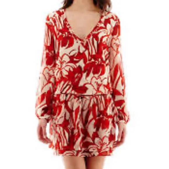 Max Studio Dress/ Cover Up Floral Red & Cream Mini Long Sleeve Chiffon Sz S NWT - Image 2