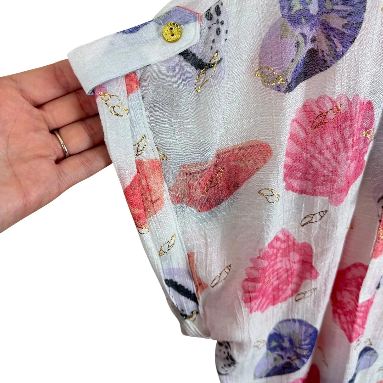 Alex & Parker Colorful Conch Seashell Gold Dolman Sleeve Button Up Blouse Sz 2XL White - Image 5