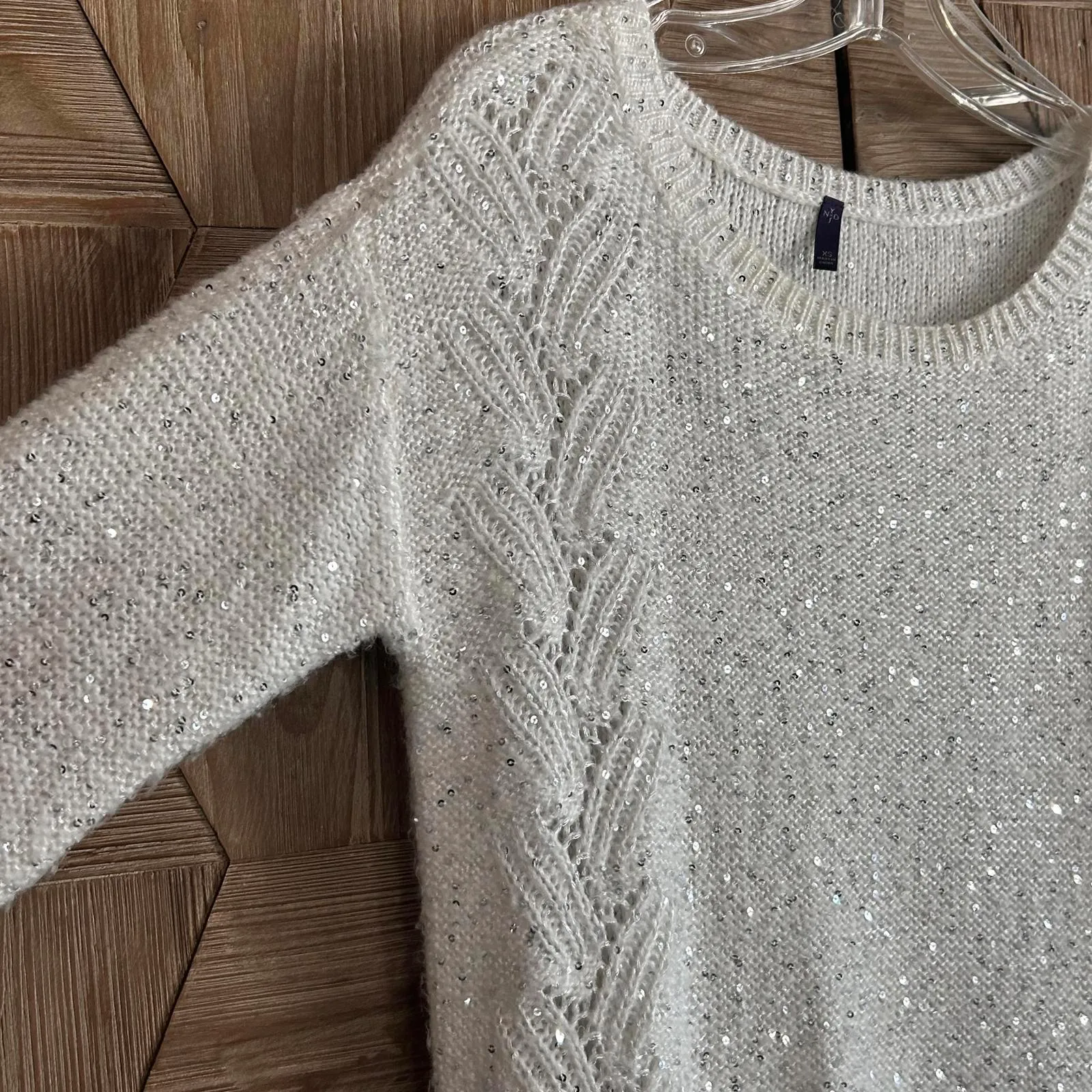 NYDJ Womens White Sequin Knit Sweater Size XS Metallic Sequin - Image 2