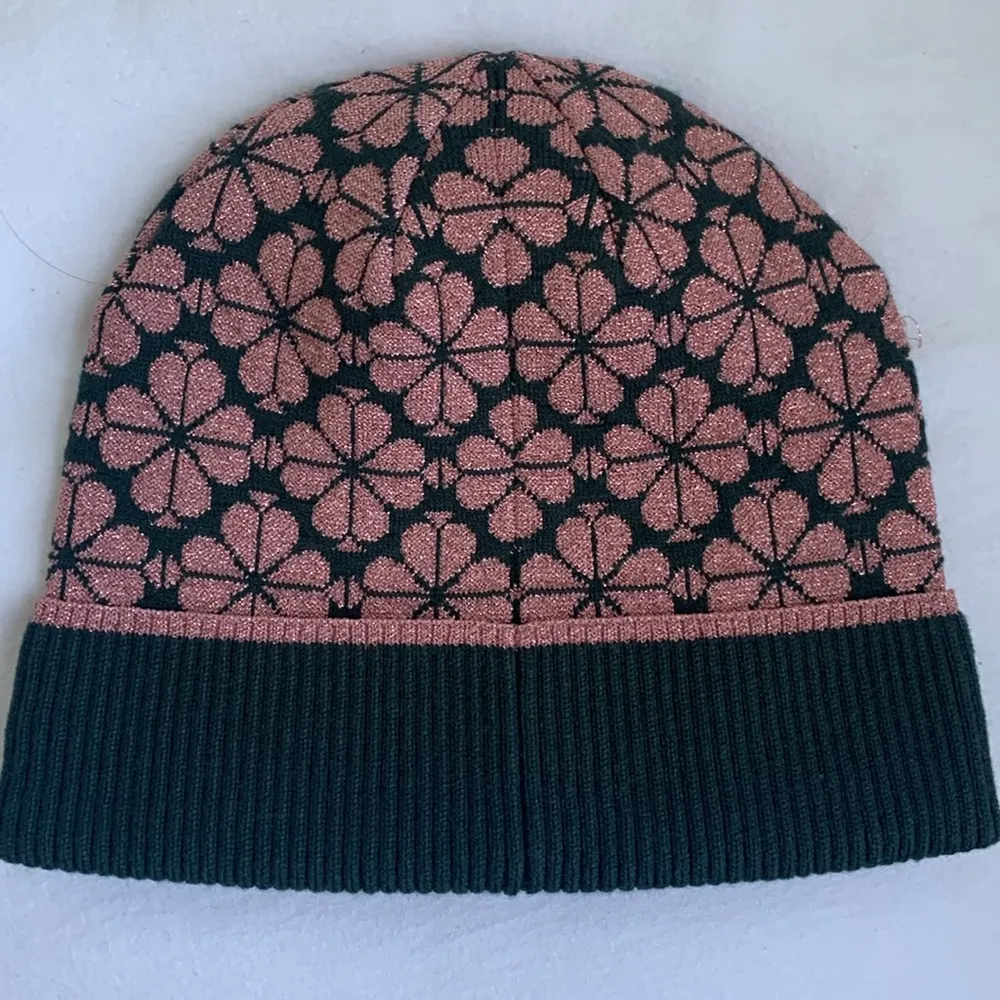 Kate Spade Spade Flower Clover Beanie Hat Spruce Green and Pink Sparkle - Image 2