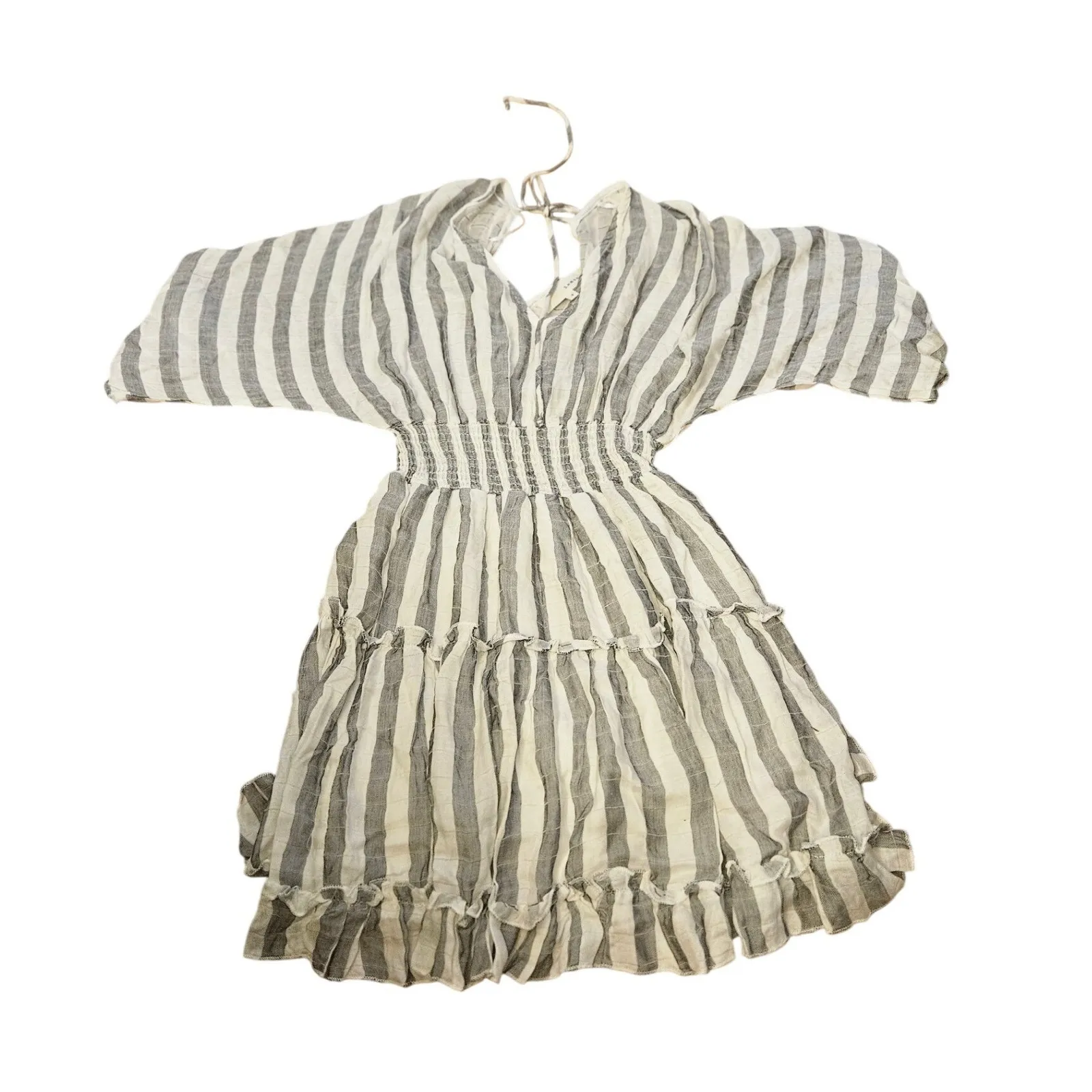Blue Lemon Striped V Neck Smocked Waist Tiered Ruffle Mini Dress Size S Gray - Image 2